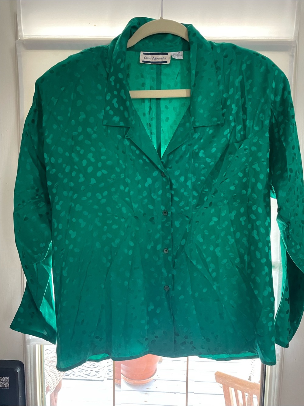 Dana Buchman Emerald Green Silk Dot  Button-Down Blouse